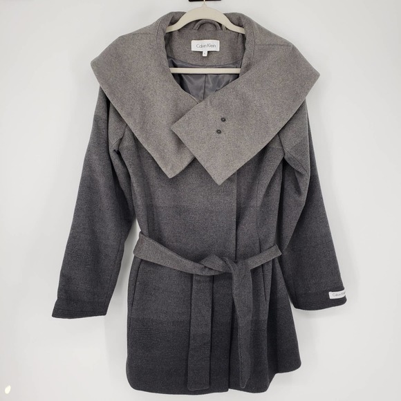 Calvin Klein Wool Blend Wrap Coat 8 Belted Long Sleeve Ombre Pattern Gray Black - Picture 1 of 11